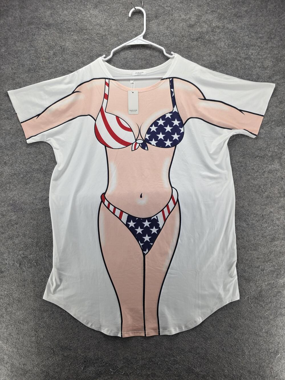 Ekouaer Sleep Shirt Womens L White Patriotic USA Bikini Graphic Chemise Funny